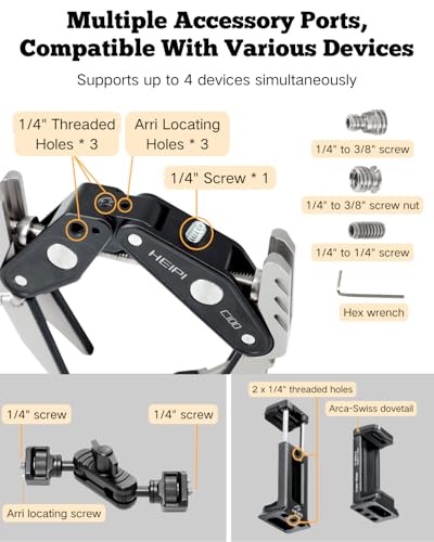 HEIPI Super Clamp Camera Mount Holder - Sabertooth C100 with 360° Ballhead Magic Arm MA175 and Phone Clip PC01 for Tripod Accessories, Round Tube, Flat Surface - style: Super Clamp with Short Magic Arm & Phone Clip