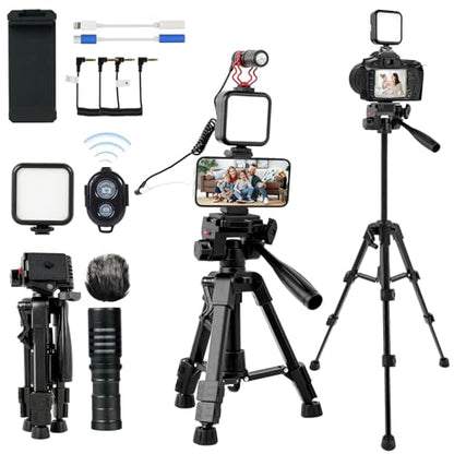 Vlogging Kit for iPhone, Android, Camera, Compatible with YouTube Starter Kit with Rechargeable LED Light + Microphone + Phone Clip + Aluminum Desktop Tripod for Vlogging, Instagram, TikTok