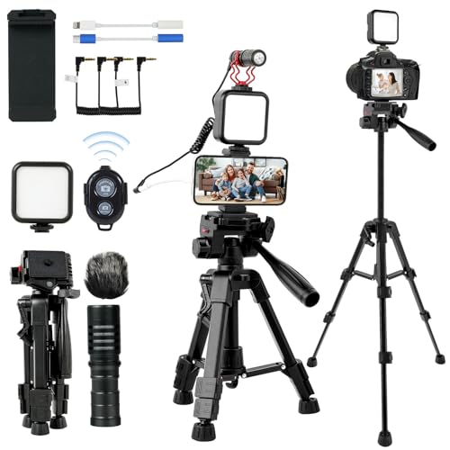 Vlogging Kit for iPhone, Android, Camera, Compatible with YouTube Starter Kit with Rechargeable LED Light + Microphone + Phone Clip + Aluminum Desktop Tripod for Vlogging, Instagram, TikTok