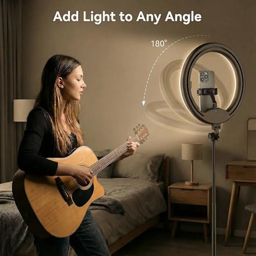 10''Selfie Ring Light with 64''Tripod Stand,Rechargeable Ring Light with Phone Holder and Remote Control,Adjustable Color Temperature and Brightness,5000mAh Battery,Live Streaming,Makeup,Travel,Gaming