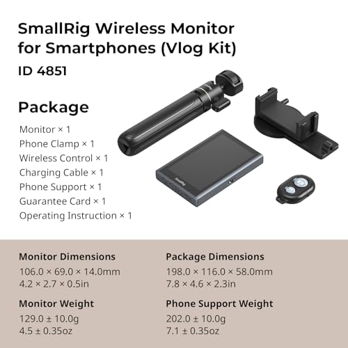 SmallRig Phone Vlog Selfie Monitor Screen for iPhone for Huawei for S24/S25, w/Magnetic Phone Holder Clip Mount & Wireless Remote, Sync Rear Camera for Selfie Vlog Live Stream Phone Filmmaking - 4851