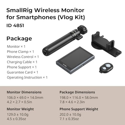 SmallRig Phone Vlog Selfie Monitor Screen for iPhone for Huawei for S24/S25, w/Magnetic Phone Holder Clip Mount & Wireless Remote, Sync Rear Camera for Selfie Vlog Live Stream Phone Filmmaking - 4851