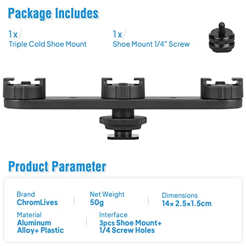 ChromLives Triple Cold Shoe Extension Mount Hot Shoe Base Adapter Extension Bar Bracket with 1/4 Screw for Tripod/Microphone/LED Light Compatible with Canon Sony Cameras… - color: Black
