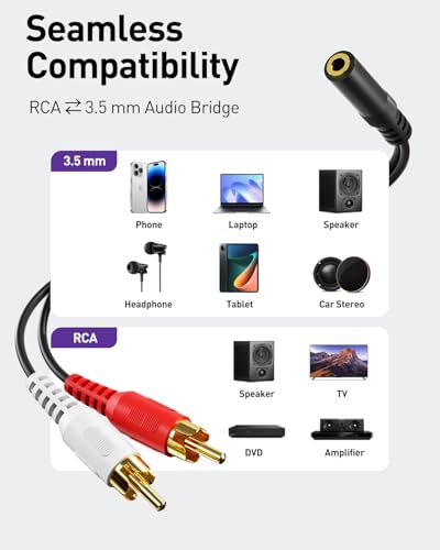 VCE 3.5mm to RCA Splitter Male Stereo Audio Y Cable 2-Pack, Gold Plated Adapter Compatible for TV,Smartphones, MP3, Tablets, Speakers,Home Theater (8 inch) - size: ['8 inches']