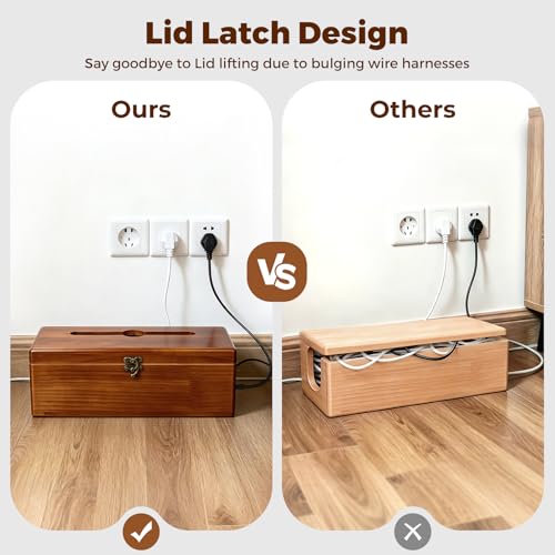 Cable Management Box with Latch, Soild Wood Cord Box with 4 Open Slots, Cable Box to Hide Cords and Power Strip - size: Medium