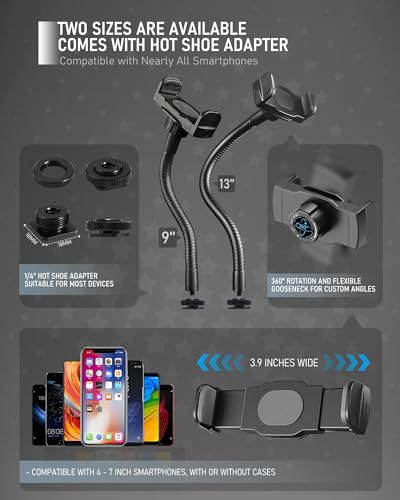 KHC1417 Ring Light Phone Holder with Flexible Heavy-Duty Gooseneck Arm – Adjustable Smartphone Mount with Hot Shoe Adapter for Tripods, Camera Mounts, iPhone & Android, 9-INCH - size: 9" with Hot Shoe