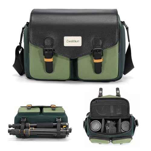 Cwatcun Camera Bag, Waterproof Flap Camera Crossbody Shoulder Messenger Case with Tripod Holder, Travel Photography Bag for Canon, Nikon, Sony, Fuji DSLR/SLR/Mirrorless Camera, Lens - Green, M - color: Green, size: M