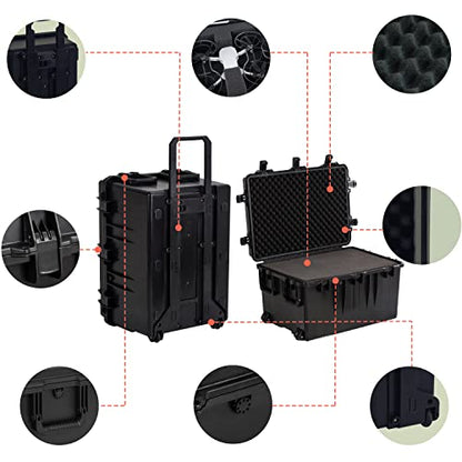 MEIJIA Premium Waterproof Large Rolling Hard Camera Case,Hard Protective Case with customizable fit foam and wheels,Full Protection with Light&Convenient Design,Elegant Black (33.25"X24.4"X19.3") - size: 33.25"X24.4"X19.3"