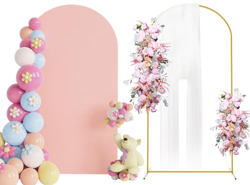 Putros Arch Backdrop Stand and Cover Set, 7.2ft, Gold Arch Stand with Pale Pink Cover, Metal Arched Background Frame for Wedding, Birthday Party, Baby Shower, Photography Decoration - color: Pale Pink, size: 7.2ft x 4ft