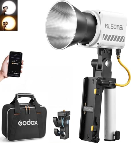 Godox ML60IIBi with Handheld Bracket, 70W Bi-Color LED Video Light, Handheld LED Light with Quiet Cooling Fan, Portable COB Continuous Output Lighting, 11 FX Effects 0-100% Brightness