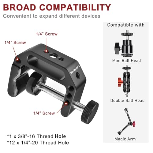 Microphone Holder C Clamp with 1/4" and 3/8" Threaded Holes, Mic Clip for Radio Studio, Podcast, Gaming, 5/8" Mic Screw Adapter for Microphones, Max Load 12lb / 5kg