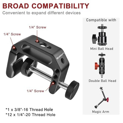 Microphone Holder C Clamp with 1/4" and 3/8" Threaded Holes, Mic Clip for Radio Studio, Podcast, Gaming, 5/8" Mic Screw Adapter for Microphones, Max Load 12lb / 5kg