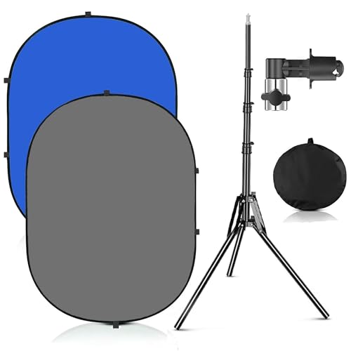 3.3x5ft/1x1.5m Chromakey Blue Grey Backdrop with 6.23ft Stand, 2-in-1 Blue Screen and Grey Screen Collapsible Reversible Pop-Up Background Panel for Photography, Live Streaming, Video Shooting - color: Blue/Gray