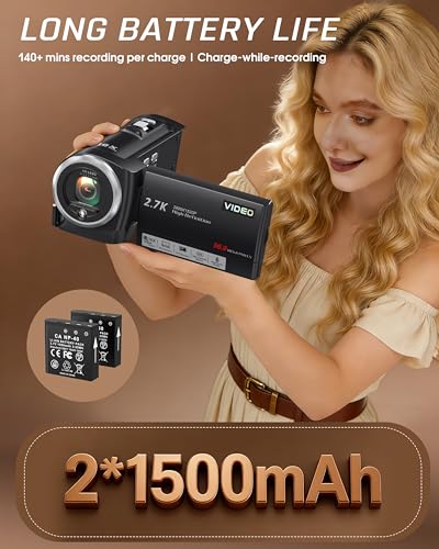 Video Camera Camcorder, QHD 2.7K 56MP 16X Digital Vlogging Camera with LED Fill Light for YouTube, 2.8'' 270° Rotation Screen Camcorder Camera with 32GB Card and Two Batteries