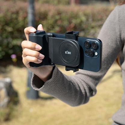 Phone Camera Grip with Remote Control for Smartphones Vlog Shooting | silicone anti-slip grip, detachable remote, dual cold shoe slots, 1/4" tripod thread, design for vlog video shooting - color: Clip on Phone Camera Grip Black
