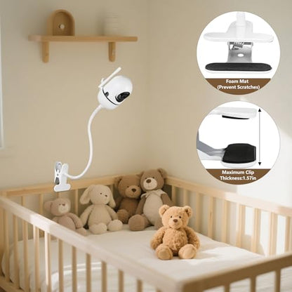 Baby Monitor Clip Mount for HelloBaby HB6550/HB6560/HB6148/HB6240//HB66/HB6339, ANMEATE SM935E – Adjustable Clamp Baby Camera Holder Stand, No Drilling, Flexible Mount for Cribs, Desks, and Shelves - color: White
