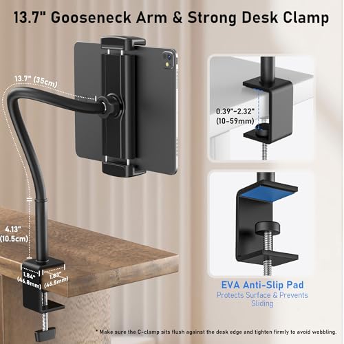 Tablet Stand for Desk, Gooseneck iPad Holder Clamp Mount, 360° Adjustable | Heavy Duty Arm Mount for iPad Pro/Air/Mini, Kindle Fire, Galaxy Tabs, 4.7"-13.5" Tablets, for Kitchen, Work, Video Call, Bed