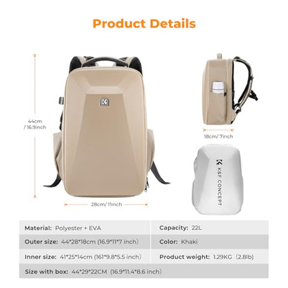 K&F CONCEPT Camera Backpack,Hardshell Photography DSLR Camera Bag with 15-15.6 Inch Laptop Compartment Hard Shell Camera Case Compatible with Canon/Nikon/Sony/DJI Mavic Drone - color: Khaki