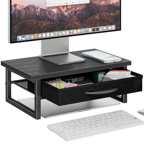 Ekisemio 2-Tier Monitor Stand with Fabric Drawer – Wood and Metal Computer Riser, Desk Organizer for Office, Black