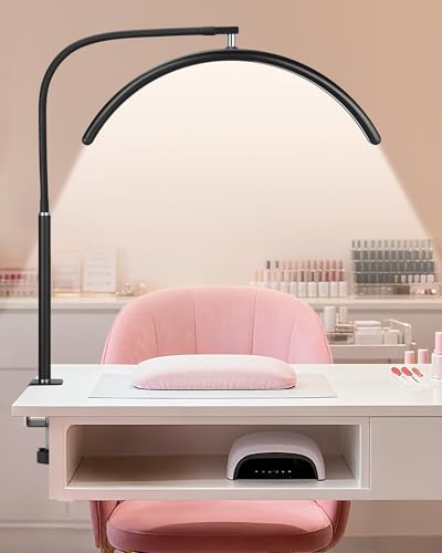 Professional Half Moon LED Desk Light for Nail Techs & Artists – Flexible Gooseneck Arch Table Lamp with Clamp, 5 Color Modes & 5 Brightness Levels for Manicure, Tattoo, Beauty Work - color: Black - Large