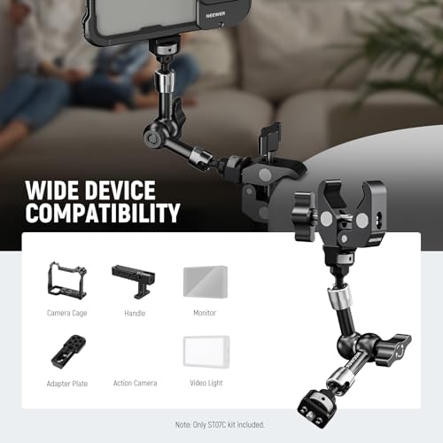NEEWER 7" Articulating Magic Arm Clamp Mount with Super Clamp, Camera Monitor Mount with 1/4" 3/8" ARRI Locating Pins & Holes for DSLR Action Camera Video Light Compatible with SmallRig Cage, ST07C - style: ST07C w/Clamp