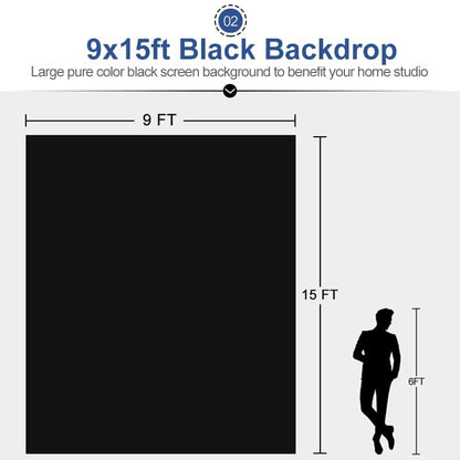 EMART Photo Black Backdrop Curtain, 9 x 15 ft Large Photography Black Background Fabric Cloth, Back Drops Pack for Photoshoot Party Birthday - size: 9x15ft
