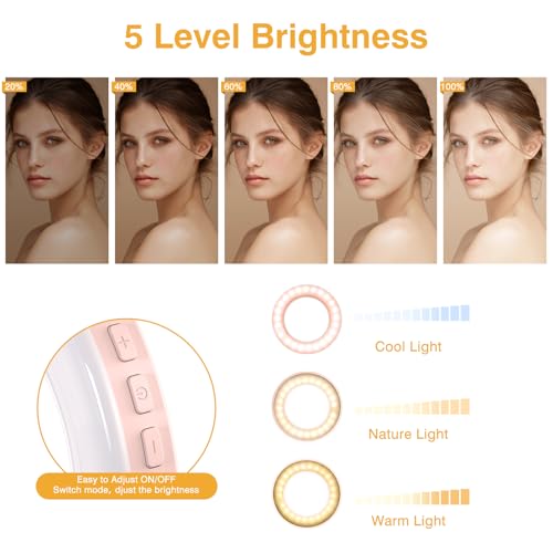 Clip on Ring Light, Kimwood Rechargeable 60 LED Selfie Ring Light for Phone, Laptop, Tablet (3 Models, 5 Level Brightness) - color: Pink