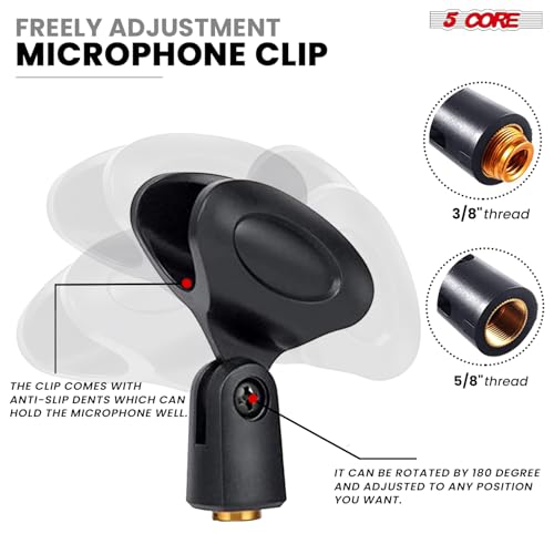 5 Core 3 in 1 Multi Function Desk Microphone Stand Adjustable Table Desktop Mic Stands with Microphone Cell Phone Clip to 3/8" Female to 5/8" Male Metal Adapter Black
