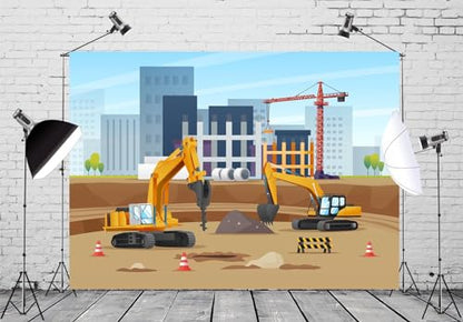 7x5ft Fabric Construction Theme Backdrop for Photography Excavators Material Equipment Construction Site Background for Boy Birthday Party Banner Decoration Photo Studio Props - size: 7x5FT