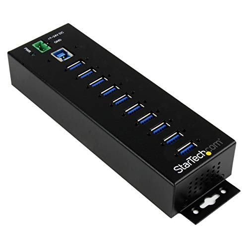 StarTech 10-Port Industrial USB 3.0 Hub 5Gbps, 65W PA, TAA (HB30A10AME) | Steel housing, ESD and surge protection, DIN/wall/desk mount, 65W power adapter included