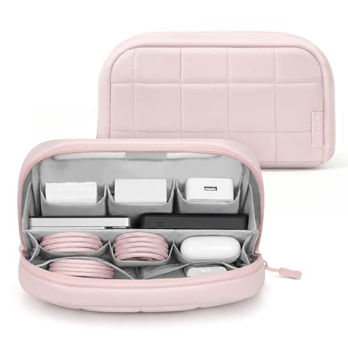 TOPEAST Quilted Cable Organizer Bag, Soft Tech Pouch & Travel Electronics Case with Elastic Pen Loop, Tangle-Free Cord Organizer for Women, Office Desk, AirPods, Chargers & Accessories, Pink - color: Pink