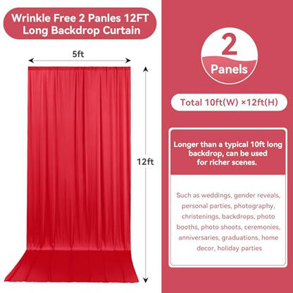 10ftx12ft Wrinkle Free Red Backdrop Curtain, 2 Panels 12FT Height Red Wedding Backdrop Drapes, Silky Polyester Back Drop Cloth for Birthday Photography Background Party Backdrop Draping - color: Red, size: (W)5ft x (H)12ft (2 Panel)