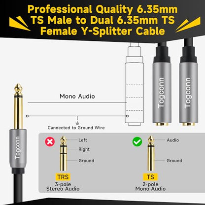 1/4 inch TS Mono Splitter Y Adapter, 6.35mm Mono Male to Dual 6.35 mm TS Mono Female Jack, Quarter inch Audio Speaker Splitter Converter Cable 1 Feet, Gold Plated Connectors - color: 6.35mm TS Male to Dual 6.35mm Female, size: 1 Pack