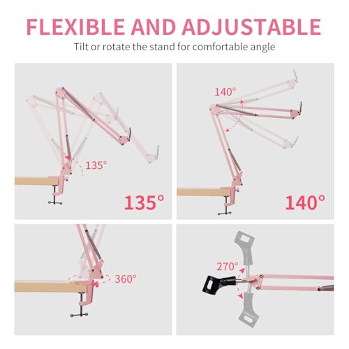FEELWORLD AMS1 Microphone Boom Arm, Adjustable Mic Arm Stand with 3/8” to 5/8” Screw, Compatible with PM1 and other Mics for Podcast Straming Gaming Studio （Pink) - color: Pink
