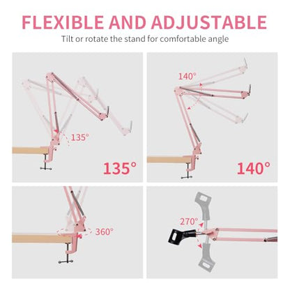 FEELWORLD AMS1 Microphone Boom Arm, Adjustable Mic Arm Stand with 3/8” to 5/8” Screw, Compatible with PM1 and other Mics for Podcast Straming Gaming Studio （Pink) - color: Pink