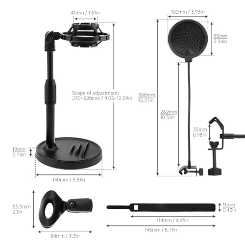 RTNLIT Desktop Mic Stand with Phone Holder, Adjustable Desk Microphone Stand with Pop Filter, Shock Mount, Mic Clip, 3/8" to 5/8" Screw Adapter for Blue Yeti Snowball Shure SM7B and Other Mics