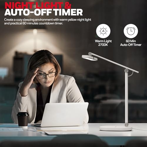 Honeywell Desk Lamp for Home Office, H4 Sunturalux™ Eye-Caring LED Desk Light, 700LM Dimmable Desk Lamp with Timer, Adjustable Desk Reading Light, Touch Auto Dimming Table Lamp for Study, Bedroom - color: White