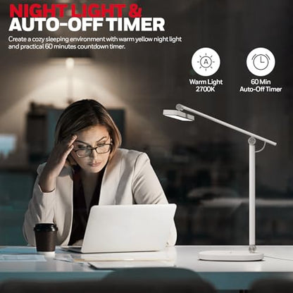 Honeywell Desk Lamp for Home Office, H4 Sunturalux™ Eye-Caring LED Desk Light, 700LM Dimmable Desk Lamp with Timer, Adjustable Desk Reading Light, Touch Auto Dimming Table Lamp for Study, Bedroom - color: White