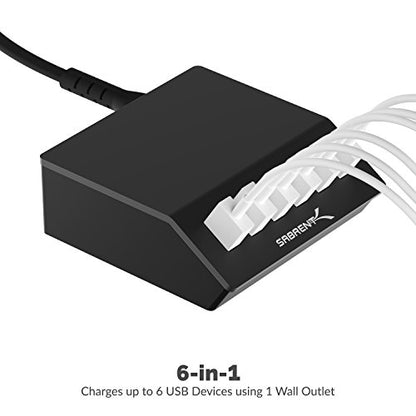 SABRENT Premium 60 Watt (12 Amp) 6 Port Aluminum Family Sized Desktop USB Rapid Charger.[UL Certified ] Smart USB Charger with Auto Detect Technology [Black] (AX-FLCH-B) - size: 6-Port