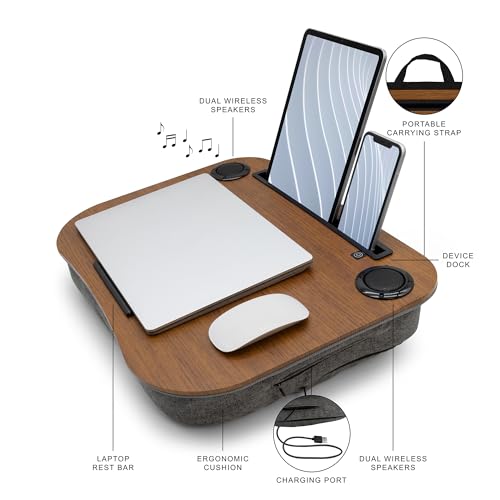 Portable Lap Desk for Computer Laptop, Tablets, Phones | Built-in Bluetooth Speakers | for Home Office | College (Mahogany) - color: Mahogany