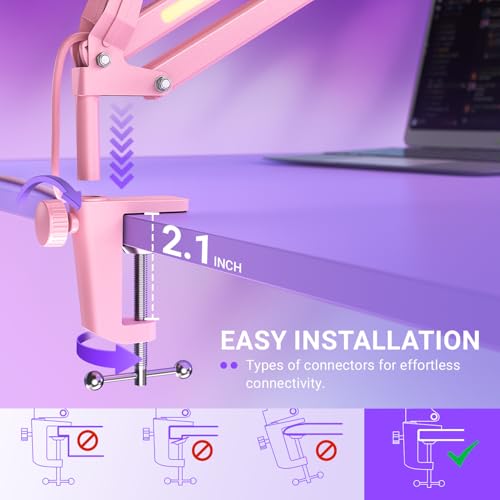 FIFINE Microphone Boom Arm, Metal Adjustable Mic Arm Stand with RGB Button, 3/8” to 5/8” Screw Adapter, Desk Mount Clamp, Suspension Scissor Mic Stand for Gaming Streaming Podcast-AmpliGame BM38P - color: Pink