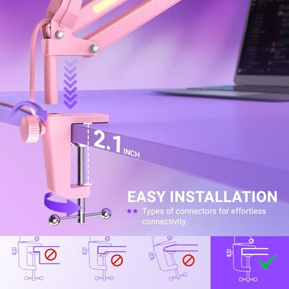 FIFINE Microphone Boom Arm, Metal Adjustable Mic Arm Stand with RGB Button, 3/8” to 5/8” Screw Adapter, Desk Mount Clamp, Suspension Scissor Mic Stand for Gaming Streaming Podcast-AmpliGame BM38P - color: Pink