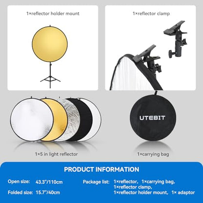 UTEBIT 43"/110cm Photography Reflector with Stand & Clamp | 5-in-1 Multi Disc Translucent/Silver/Gold/White/Black Photography Reflector Collapsible Light Reflector for Studio Outdoor - size: 43 inch