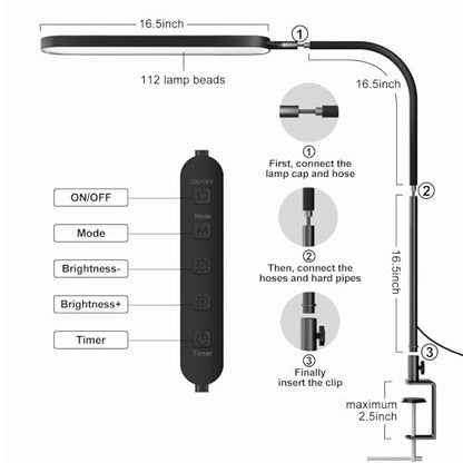 SKYLEO Led Desk Lamp - Desk Light for 33.5" Tall - Flexible Gooseneck - 5 Color Modes X 11 Brightness Levels - 1300LM - Timmer & Memory Function - 12W Clip on Light - Black - style: Black gooseneck