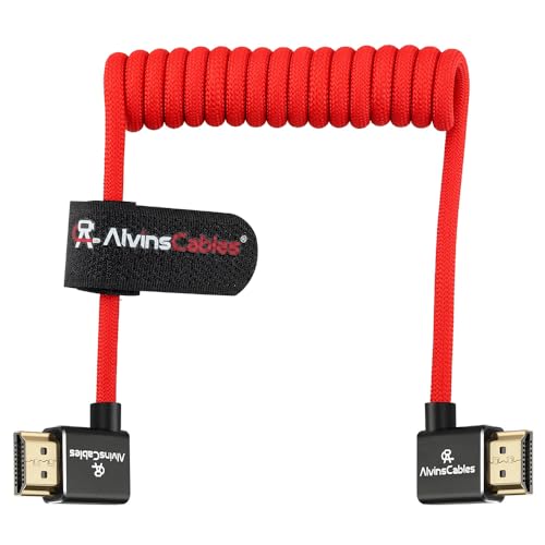 Alvin's Cables 8K 2.1 HDMI High Speed Braided Coiled Cable Left Angle to Right Angle for Atomos Ninja V, Portkeys BM5, for Feelworld Monitor, for Canon C300, Z CAM E2, Sony FS5| FS7| A7S3 Cameras Red