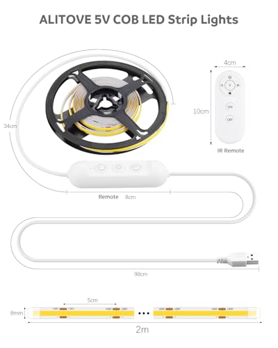 ALITOVE USB LED Light Strip 5V 6.56FT 3000K Warm White COB LED Strip Lights with Remote Lights Dotless Super Bright Dimmable Flexible for TV Backlight Bedroom Under Cabinet Kitchen Shelf Lighting - color: 3000K Warm White, size: 6.5FT