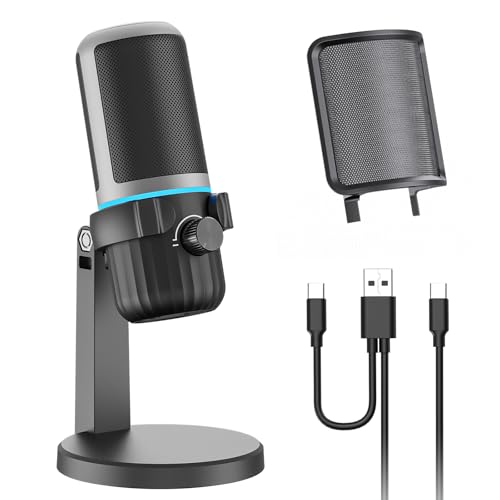 USB Condenser Gaming Microphone, PC Microphone for Streaming, Podcasts, Recording, Desktop Computer Mic with Mute Button & LED Indicator, Volume Control, Headphone Jack - color: Black 2
