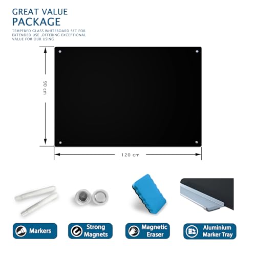 Magnetic Blackboard 48“ x 36” Black Glass Dry-Erase Board Wall-Mounted Frameless Whiteboard Bulletin Board Suitable for Offices, Schools, and Homes(Black) - size: 36"W x 48"H