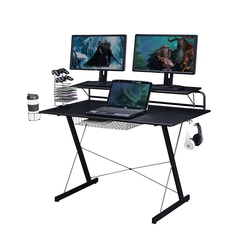 Techni Sport Gaming Desk - Two-Way Computer Desk with Elevated Monitor Stands, CD Rack, Cup Holder, & Accessories Storage for a Complete Gaming Setup - Carbon Laminated with Durable Steel Frame - color: Black