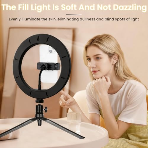 HomeBeyond 10" Selfie Ring Light with Tripod & Phone Holder – Dimmable LED Circle Light for Live Streaming, Makeup, YouTube & TikTok, Compatible with iOS/Android Phones, Black
